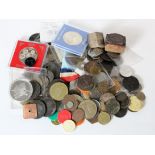 Tokens, Medals etc, assortment in a biscuit tin.