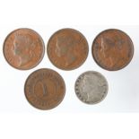 Straits Settlements (5): EIC One Cent 1845 GVF, Once Cents: 1884 VF, 1891 aVF, 1895 VF-GVF, and