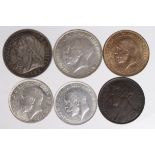 GB Coins (6): Halfcrown 1894 VF, Halfcrown 1915 VF, Florin 1911 cleaned VF, Florin 1918 EF, Penny