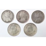 India (5) silver Half Rupees: 1896 VF, 1899B Fine, 1899C VF, 1934 AU, and 1939 UNC.