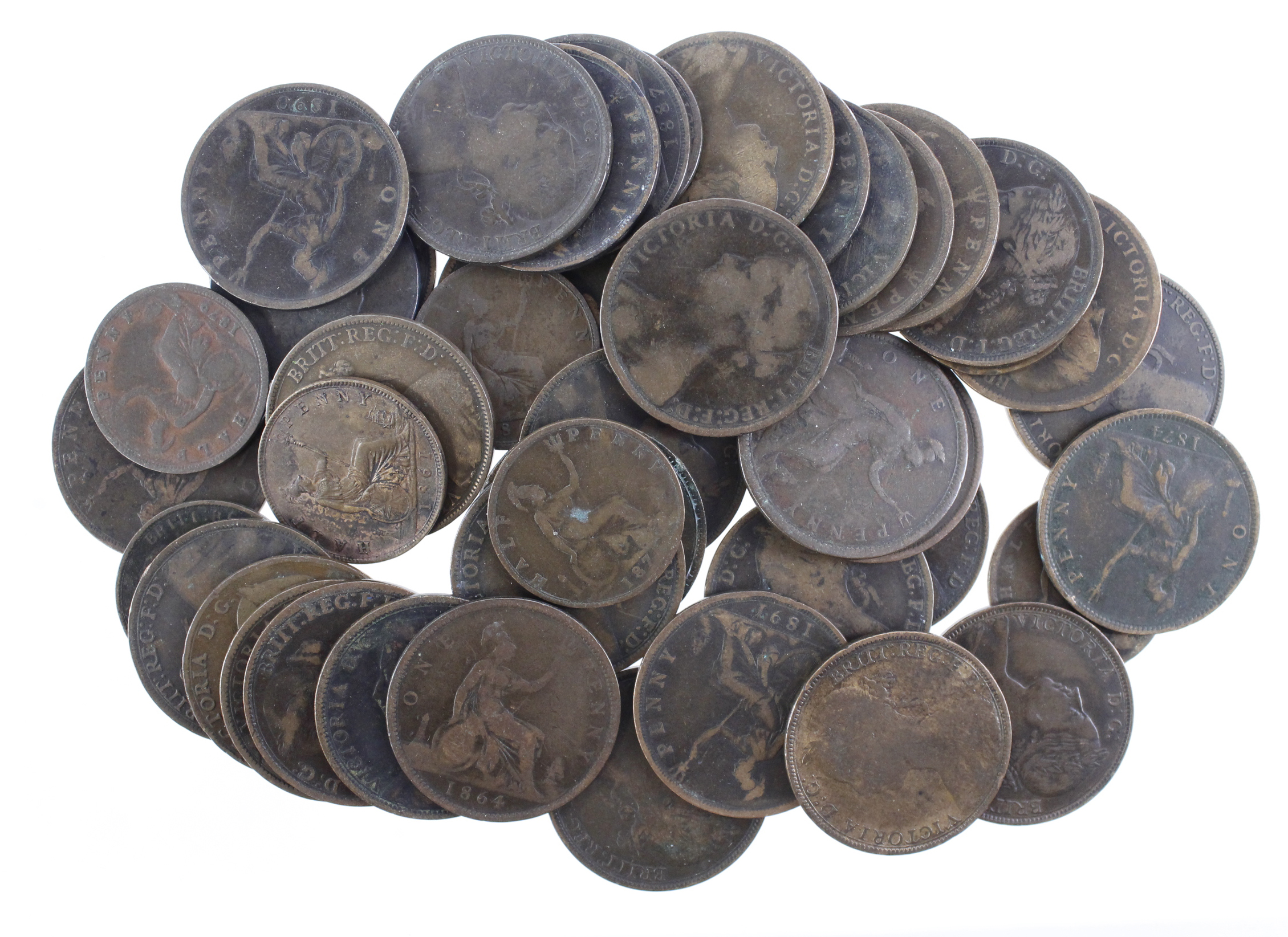 GB Bronze (48) Queen Victoria, mostly 'bun head' pennies, mixed grade.