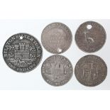 Tokens, 19thC silver (5) various Bilston, Shaftesbury, Stockport and Scarborough, nVF-VF, three