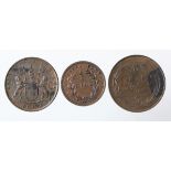 India (3) East India Company Copper: 1/2 Pice 1853 brown AU, Madras 10 Cash 1808 nEF, and Madras 4