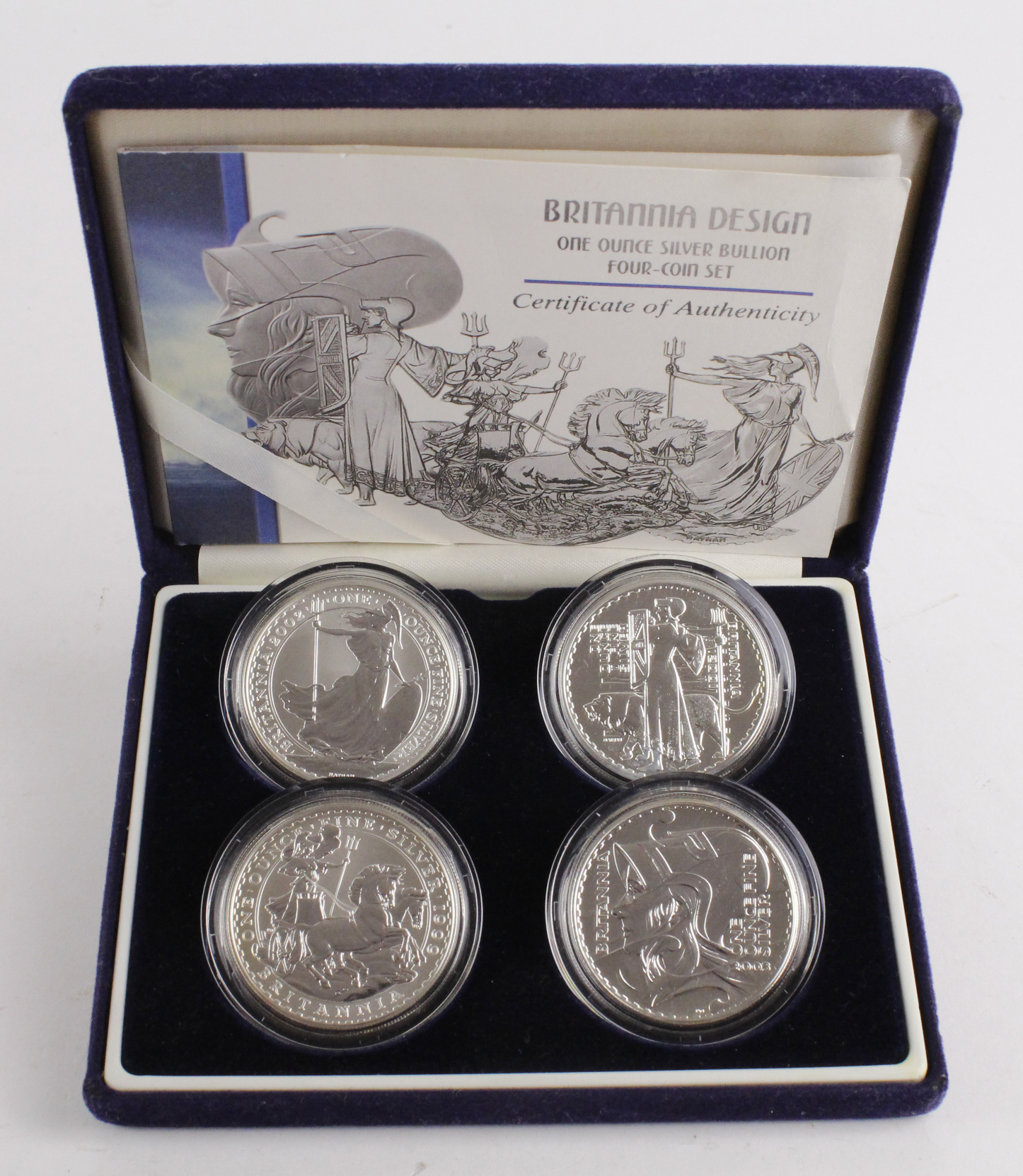Royal Mint: Britannia Design, One Ounce Silver Bullion Four-Coin Set: 1999, 2001, 2002 and 2003