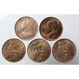 GB Pennies (5) with lustre: 1897 EF, 1899 EF (a few spots), 1917 EF, 1928 EF, and 1930 GEF