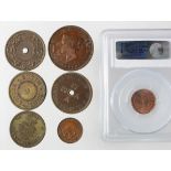 British Ceylon (7): Five Cents 1890 laquered EF, 1/2 Cent 1926 slabbed PCGS MS64RB; Tokens: 1876 '