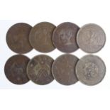 China (8) milled 20-Cash pieces, bronze, mixed grade.