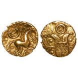 Ancient British, Celtic, gold quarter stater of the Iceni, Irstead type, Hatched box, wreaths at