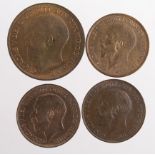 GB Bronze (4) George V: Penny 1915 EF, Halfpennies: 1911 x2 EF and GEF, 1921 EF