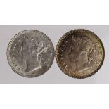 Hong Kong (2) silver 5 Cents: 1883H choice iridescent UNC, and 1901 EF