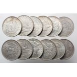 USA Morgan Silver Dollars (12): 1879 GVF, 1880O EF, 1881O EF, 1883O GEF, 1884O AU tone spot, 1887