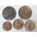 GB Copper & Bronze (5): Halfpenny 1862 nEF, Halfpenny 1887 aEF, Farthing 1861 5 berries lustrous AU,