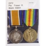 BWM & Victory Medal to 2572 Pte R Fraser R.Highlanders. Born Dundee. Wounded In Action 13/12/