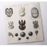 Badges - card of Free Polish 1939-1945 badges, buttons, and a cloth badge. (13 items)