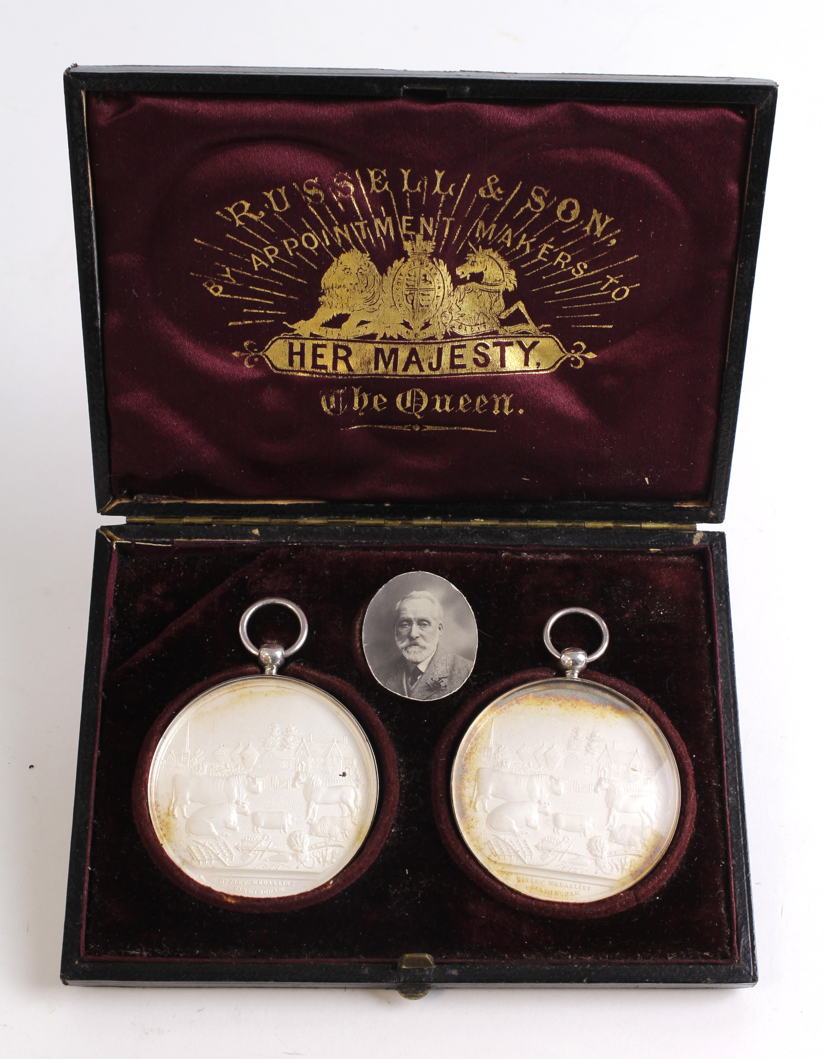 Glazed silver Agricultural medals x 2 in a lovely Russell & Son, Victorian Presentation Box; the box