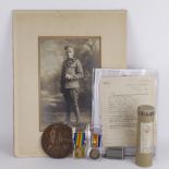WW1 Casualty BWM & Victory Medal with memorial plaque, memorial scroll, large portrait photo in