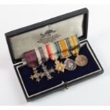 Miniature group OBE 1st type, MC GV & 15 trio, MID mounted for wear on frayed ribbons.