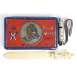 Boer War South Africa 1900 gift tin, 1901 dated trench whistle and Boer war paperknife (tin contains