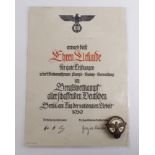 German WW2 Scarce 1939 Hitler Youth Kreiss Leger badge with award document.