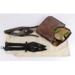 WW2 field saw in leather case with a pair of 1944 pattern wire cutters and a pair of WW2 folding