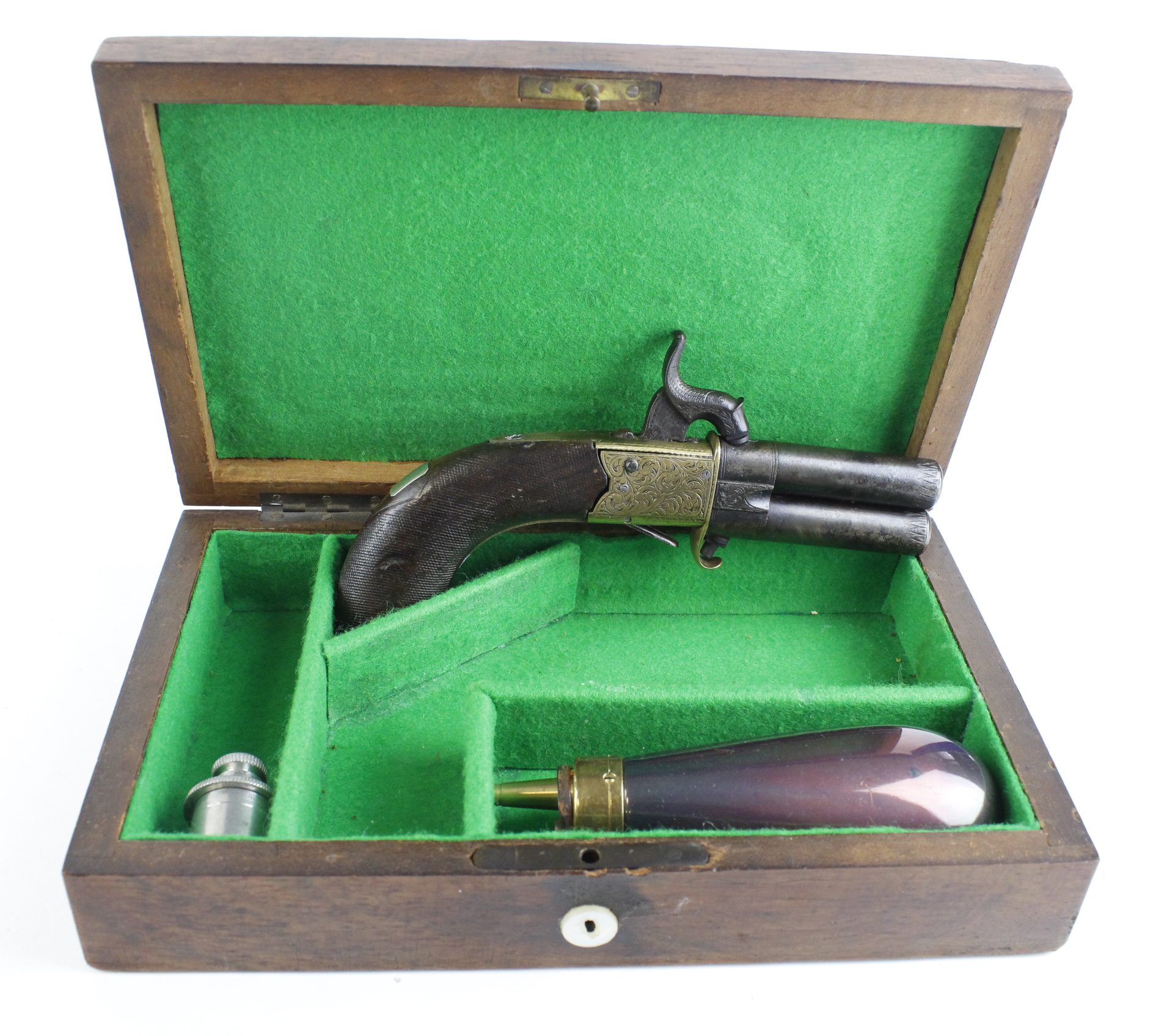19th Century brass under and over percussion pocket pistol with engraved frame, folding trigger.