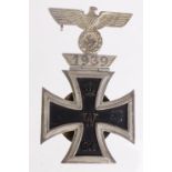 German 1914 Iron Cross 1st Class and German 3rd Reich Bar to the Iron Cross, fixed together on a