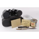 Mixed German items including German White cup, Knife, can opener etc. Plus Zeiss 7X 50 Binoculars,