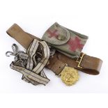Military belts (2), includes one with a Naval buckle (King's crown) and a small Red Cross Pouch