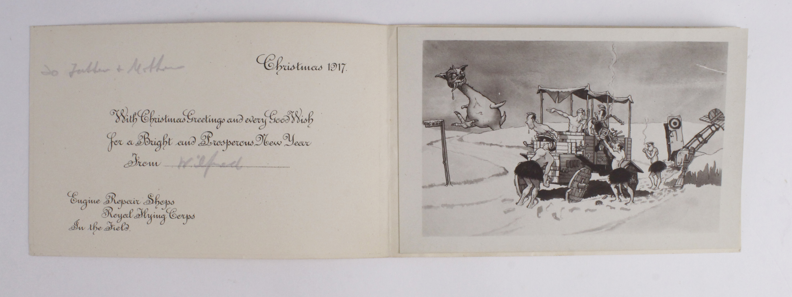 Royal Flying Corps Engine Repair Shops, In the Field, Christmas 1917 card with superb cartoon to