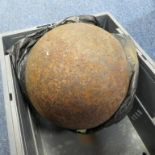 Crimea period mortar ball with two lifting lugs and centre plate for fuse, scarce, large and heavy