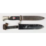 German HJ dagger, damage to grip, retaining pop stud u/s but scabbard leather stamped "Made in