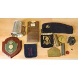 Box of militaria odds inc Grenadier Gds bedplate, 2x compasses, etc.