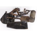 German WW2 equipment including bread bag various leather cases, gas mask tin, army straps and