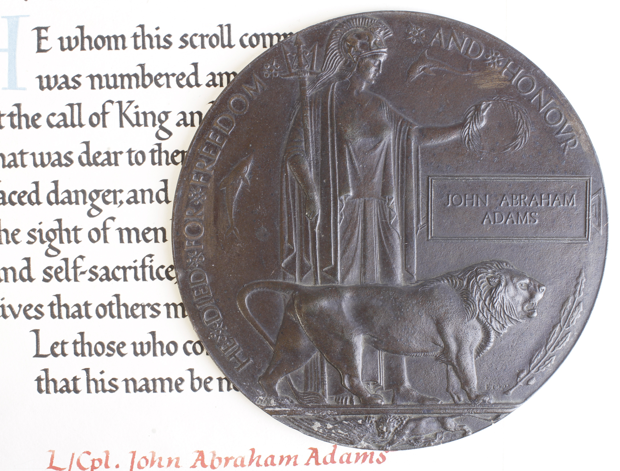 Death Plaque + Scroll to C-3548 Rfn John Abraham Adams 17th Bn KRRC. Killed In Action 31st July