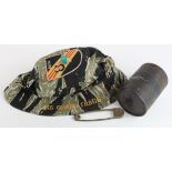 Vietnam War Era Special Forces Boonie Hat, USMC Body Bag Pin and empty M67 Hand Grenade Tube.