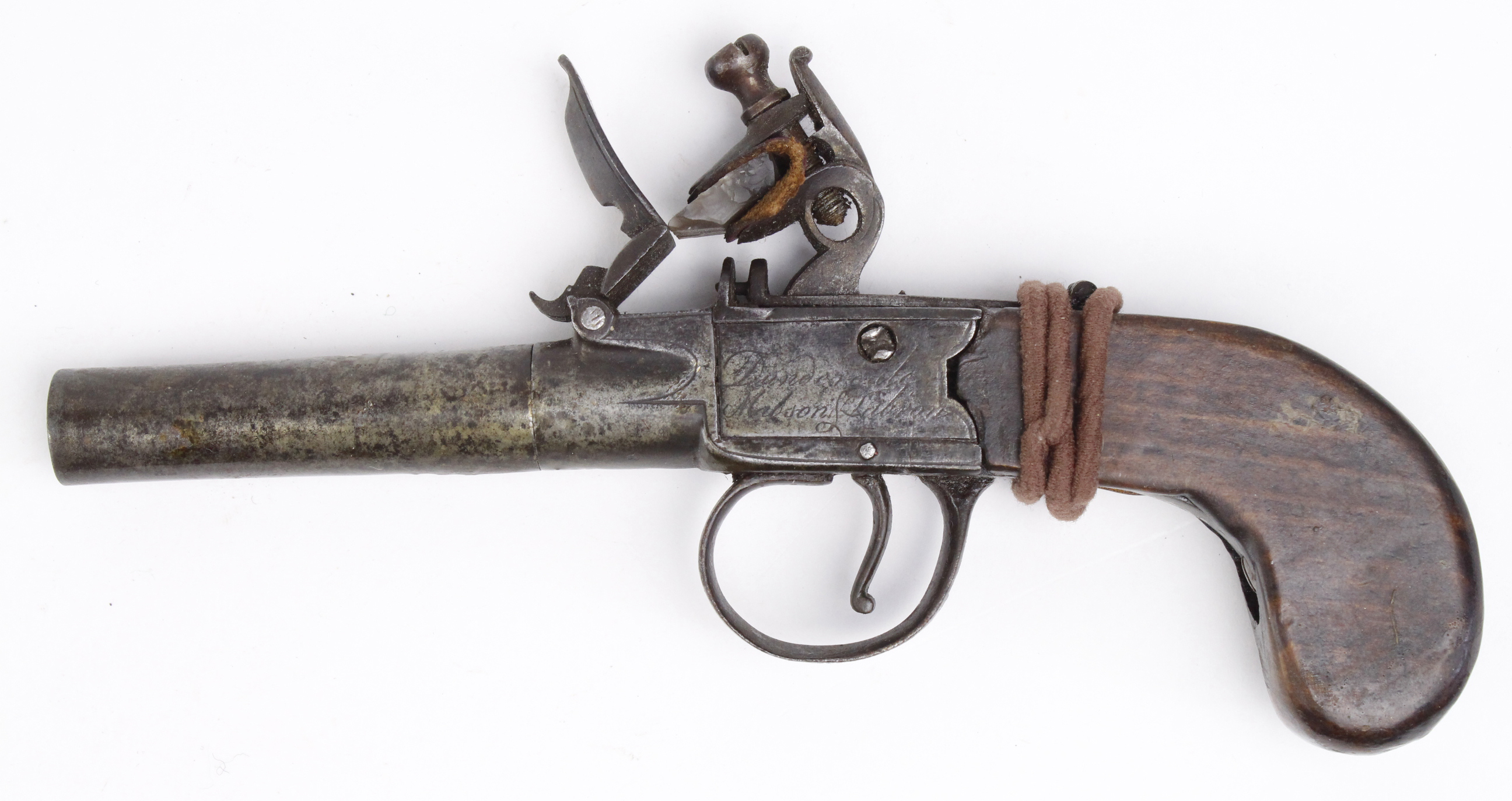 18th Century flint lock pocket pistol signed lock, all complete in need of some restoration.