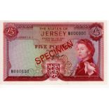 Jersey 5 Pounds SPECIMEN note, issued 1963 signed J. Clennett, serial B000000 (TBB B109bs,