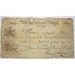 Bristol Bullion Bank 5 Pounds dated 9th May 1823 for Browne, Cavenagh, Browne & Bayly, serial no.