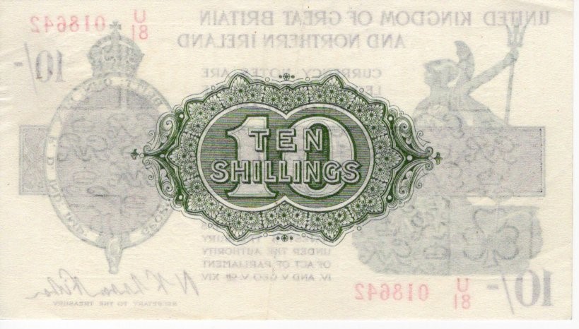 Warren Fisher 10 Shillings issued 1927, serial U/81 018642, Great Britain & Northern Ireland - Image 2 of 2