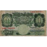 Beale 1 Pound issued 1950, rare SOLID Number note, serial No. S36C 444444 (B268) many small tears/