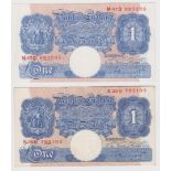 Peppiatt 1 Pound (2) issued 1940, blue WW2 emergeny issue, serial M47D 895285 and K38H 782103 (B249,