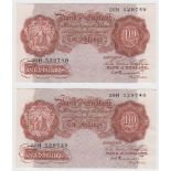 Peppiatt 10 Shillings (2) issued 1948, a scarce consecutively numbered pair, serial 29H 529748 & 29H