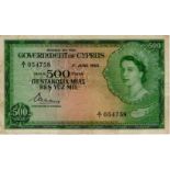 Cyprus 500 Mils dated 1st June 1955, portrait Queen Elizabeth II at top right, serial A/1 054758,