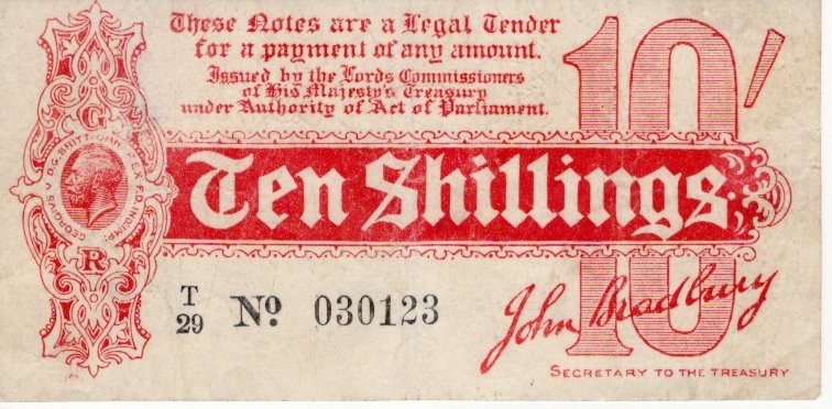 Bradbury 10 Shillings issued 1914, serial T/29 030123, No. with dot (T8, Pick346) small edge nick,