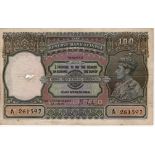 India 100 rupees issued 1937, scarcer MADRAS branch issue, series A/71 261597 (TBB B204a6,