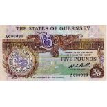 Guernsey 5 Pounds issued 1980 - 1989, signed W.C. Bull, FIRST PREFIX VERY LOW No. serial A000036, (