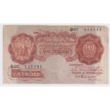 Peppiatt 10 Shillings issued 1934, unthreaded pre-war issue, rare SOLID NUMBER note, serial No.