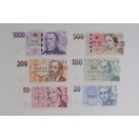 Czech Republic (6), 1000 Korun dated 2008, 500 Korun dated 2009, 200 Korun dated 1998, 100 Korun