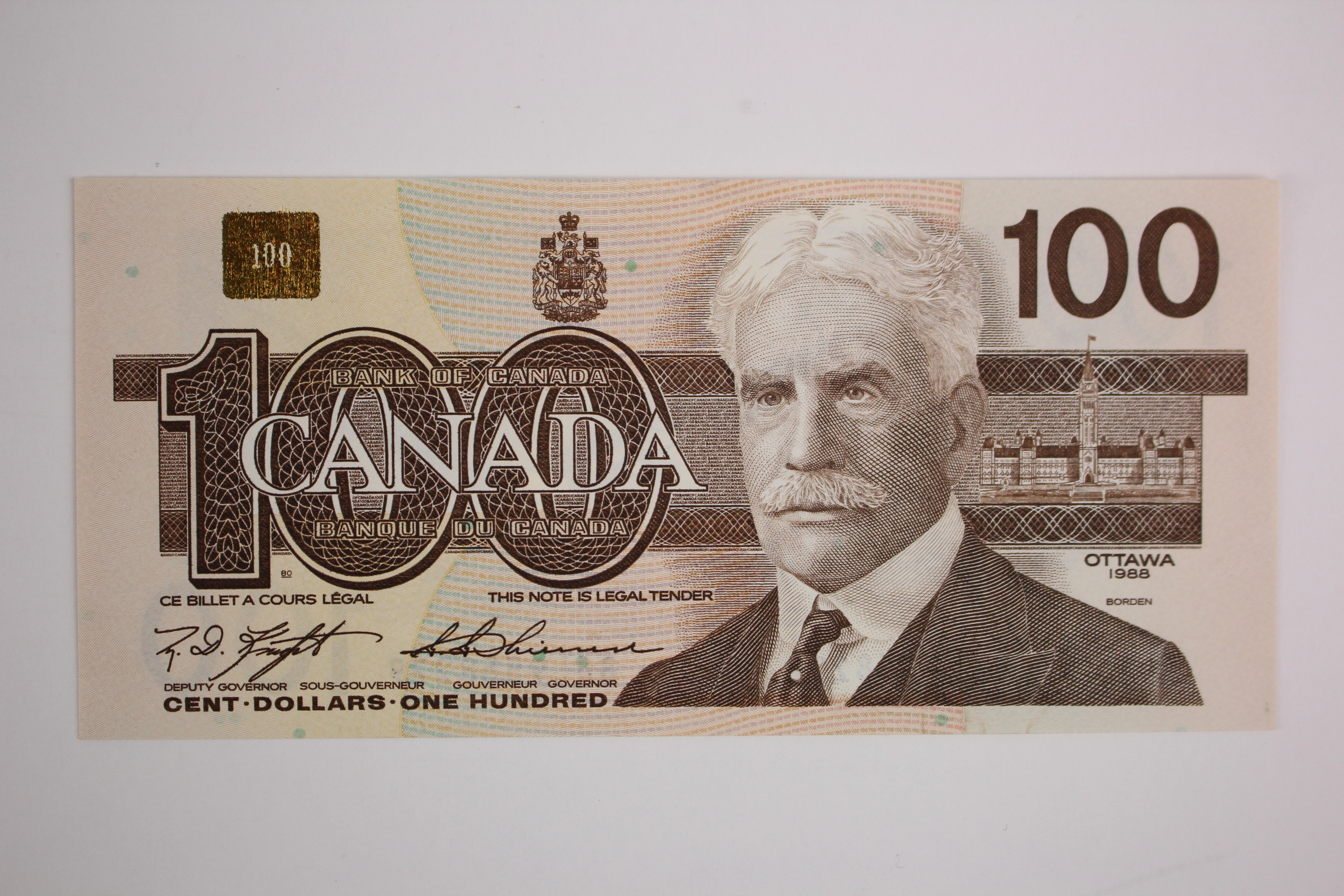 Canada 100 Dollars dated 1988, signed Knight & Thiessen, serial BJL 9558229 (TBB B362c, Pick99c)