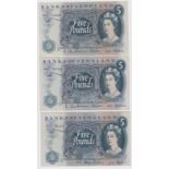 Hollom & Fforde 5 Pounds (3), a collection of scarce REPLACEMENT notes, Hollom (2) prefixes M07 &